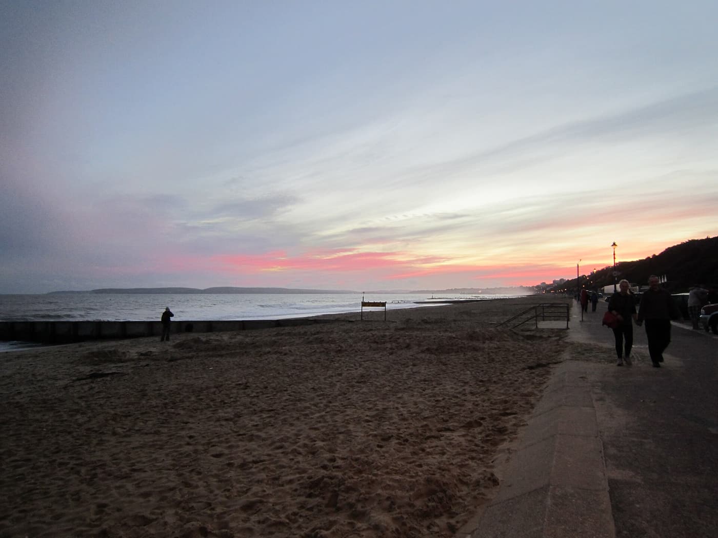 Boscombe Beach and promenade at sunset